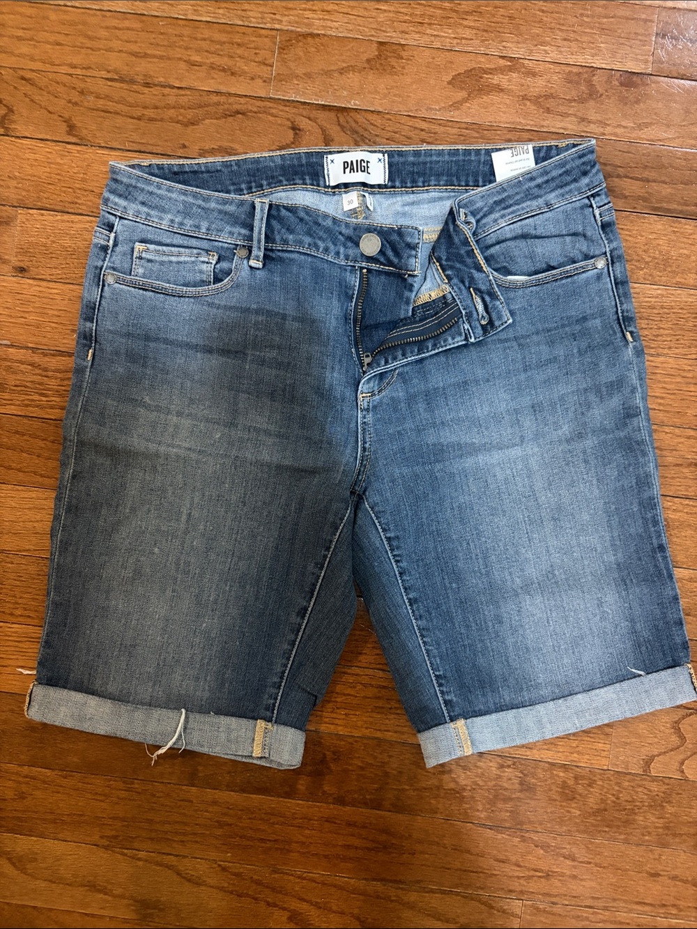 PAIGE Blue Rolled Hem Denim Bermuda Shorts